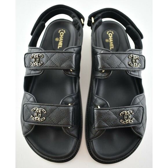 Chanel 21C Black Caviar Gold CC Logo Mule Slide Strap Flat Teva Dad Sandal 39 - Picture 1 of 12